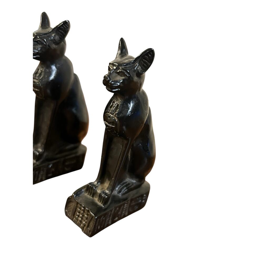Pair Egyptian Bastet Cat Goddess Statues w/ Scarab Medallion Hieroglyph Base - Picture 4 of 7